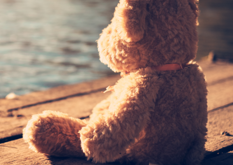 brown teddy bear sitting on a wooden dock at sunrise