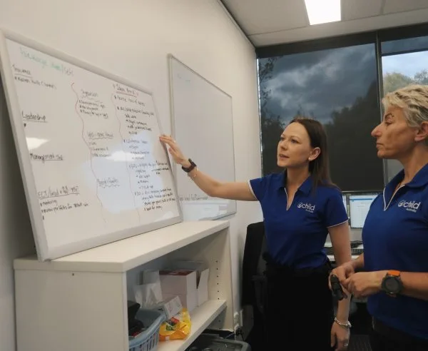 Two educators look at a white board and talk