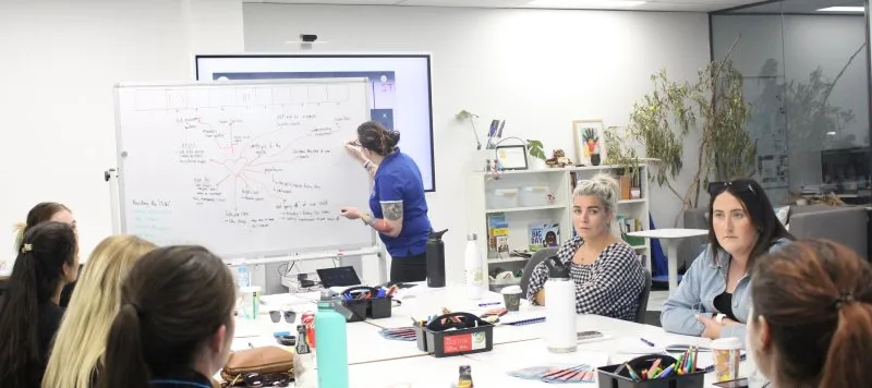 A group of women sit at a desk whilst one writes on a white board