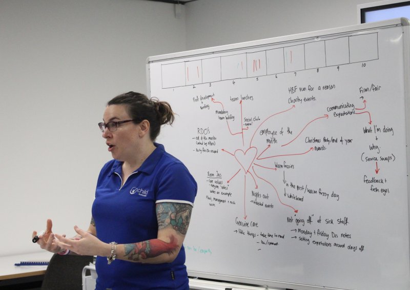 A woman stands in front of a white board and teaches the class