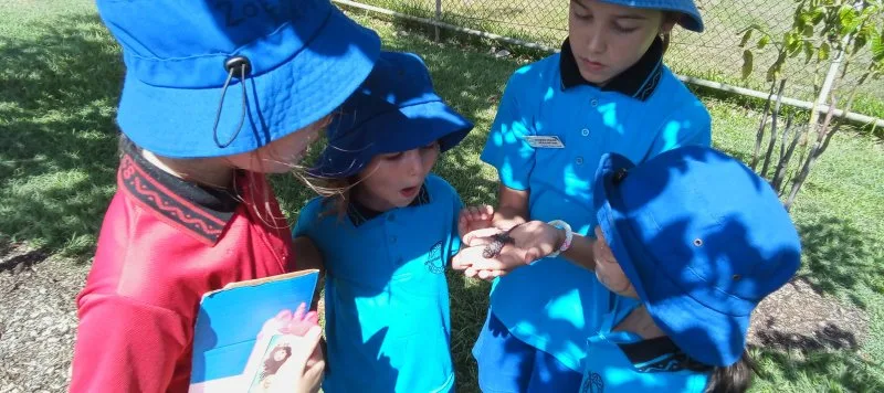 Children outside playing with a lizard