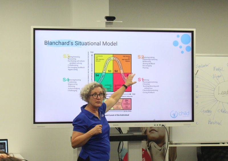 A woman stands in front of a white board and teaches 'Blanchard's Situational Model' to the class